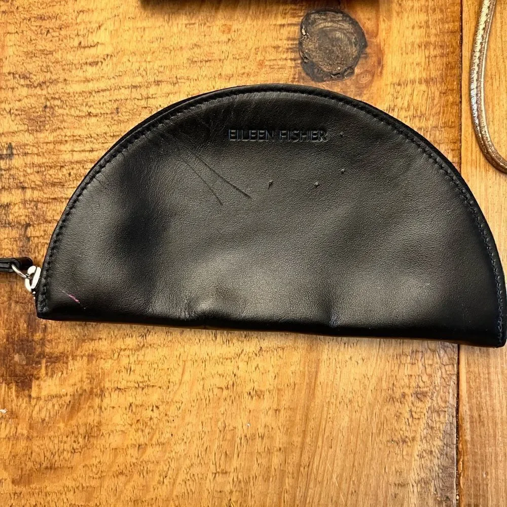 Eileen Fisher Black Leather Half Moon Pouch Cosmetics Case wristlet
